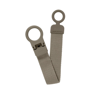 Loop-style pacifier clip with light gray fabric strap and circular ring