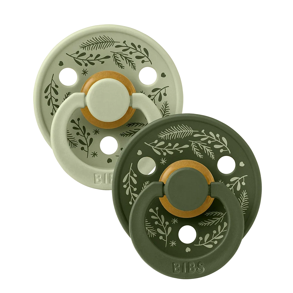 Latex baby pacifiers, sage and hunter green, leaf pattern, two-pack