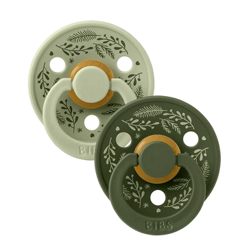 Latex baby pacifiers, sage and hunter green, leaf pattern, two-pack