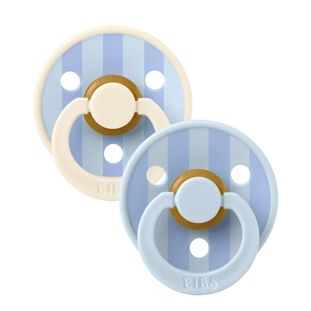 Two blue latex baby pacifiers, size 1 (0–6 months), gold ring details