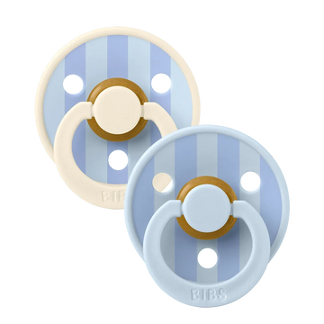 Two blue latex baby pacifiers, size 1 (0–6 months), gold ring details
