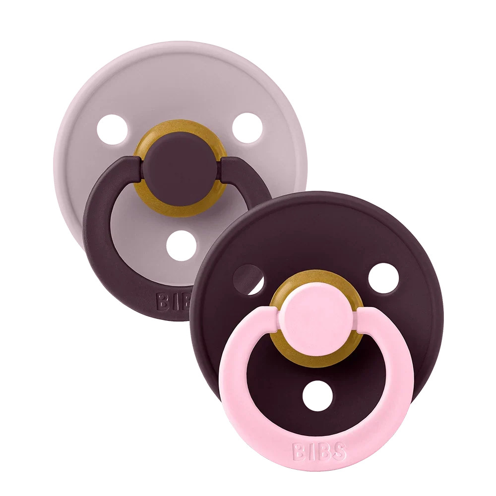 Two-pack baby latex pacifiers in lilac, with gold ring, pink shield, Size 1