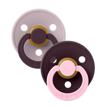 Two-pack baby latex pacifiers in lilac, with gold ring, pink shield, Size 1