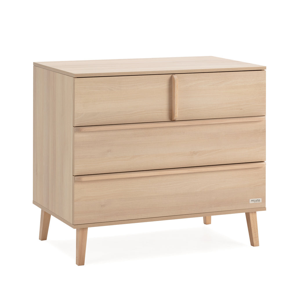 Micuna Martha Acacia Chest of Drawers with three soft-closing drawers and fixed legs