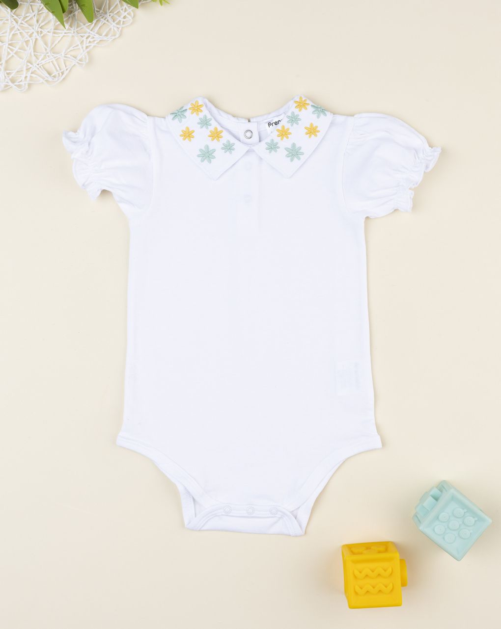 Prenatal White bodysuit for girls with embroidered collar