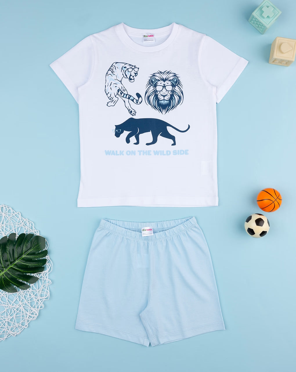 Prenatal White/blue jungle baby short pajamas Outfit Set