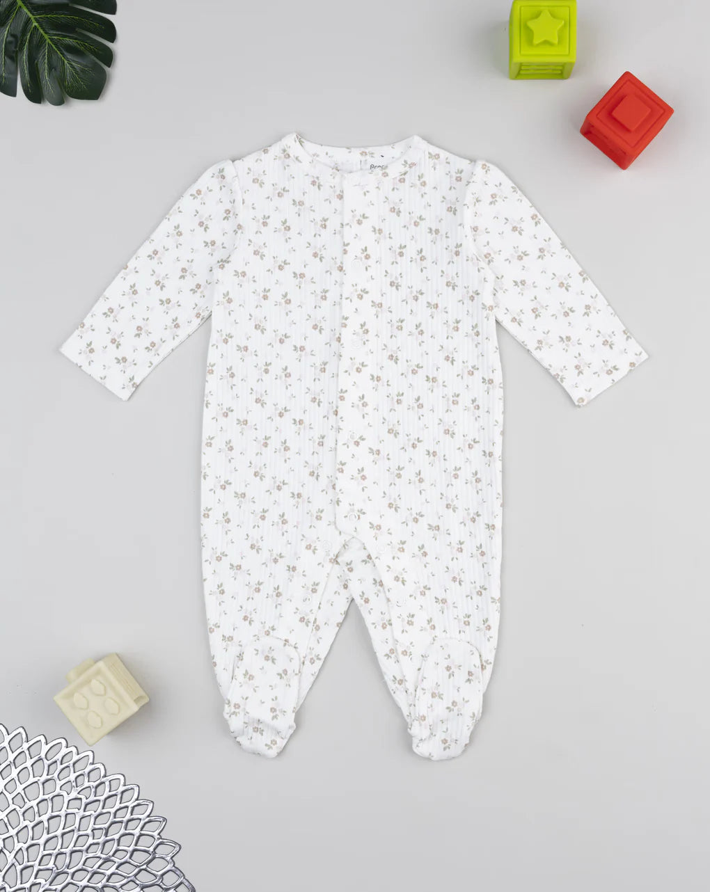Prenatal Baby girl's white rib romper with allover flowers Overall