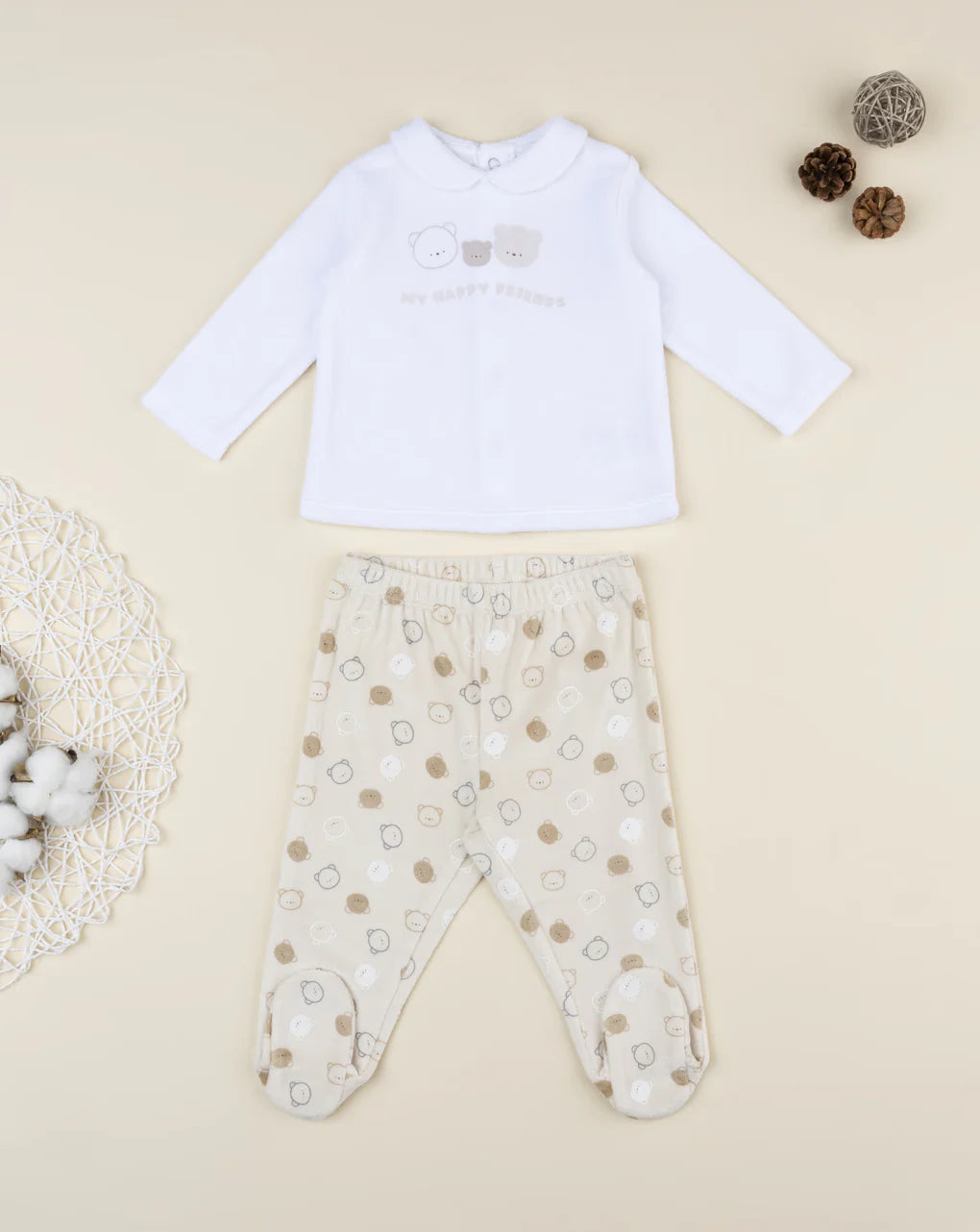 Prenatal Two-piece set for boys, white/beige, with teddy bears Outdoor Set