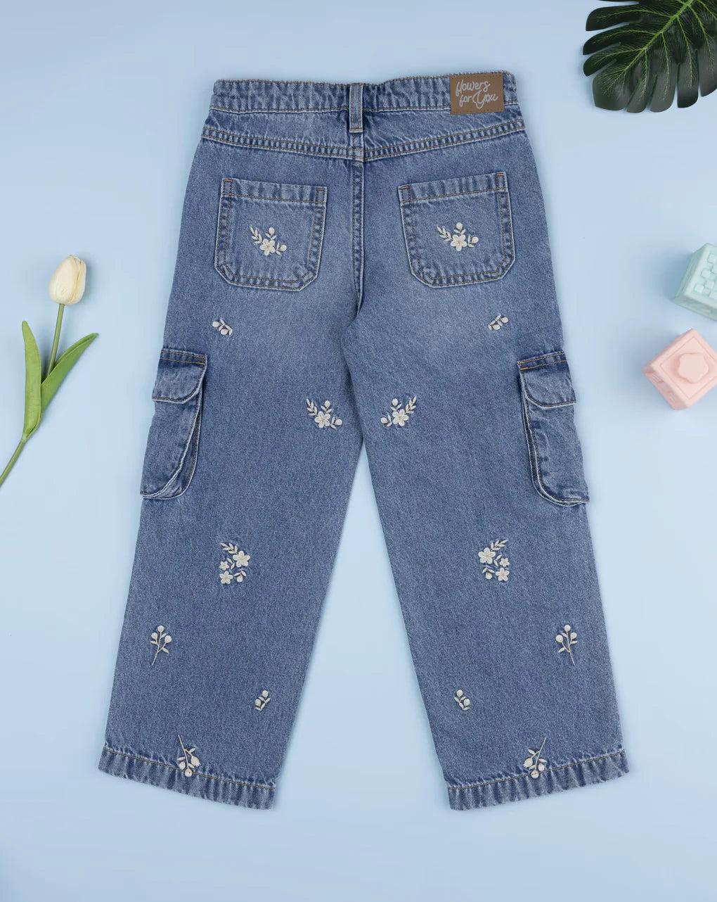 Prenatal Girls' denim cargo trousers with little flowers Pant