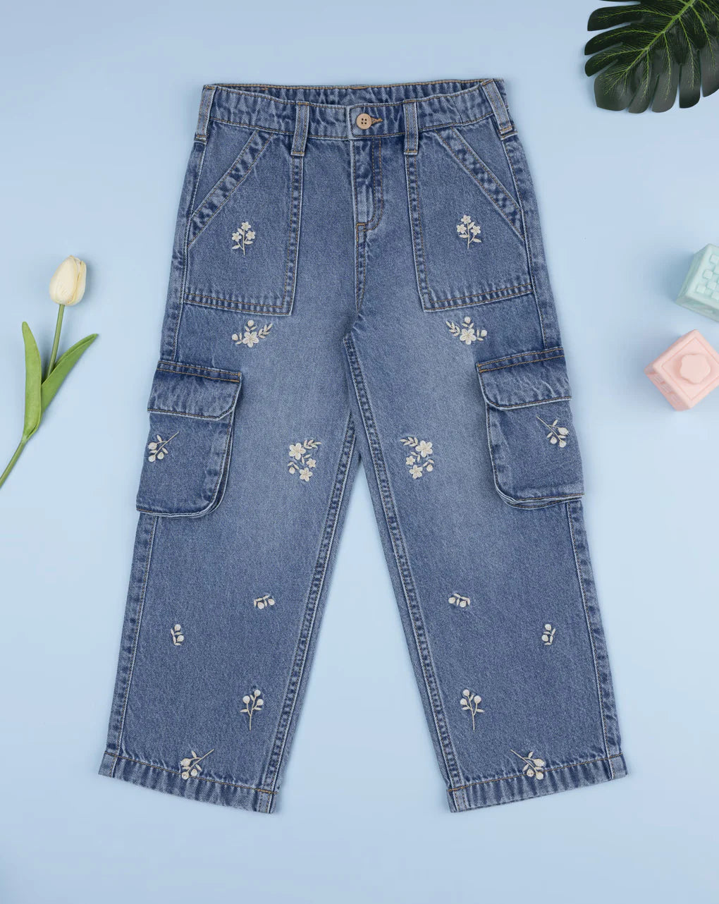 Prenatal Girls' denim cargo trousers with little flowers Pant