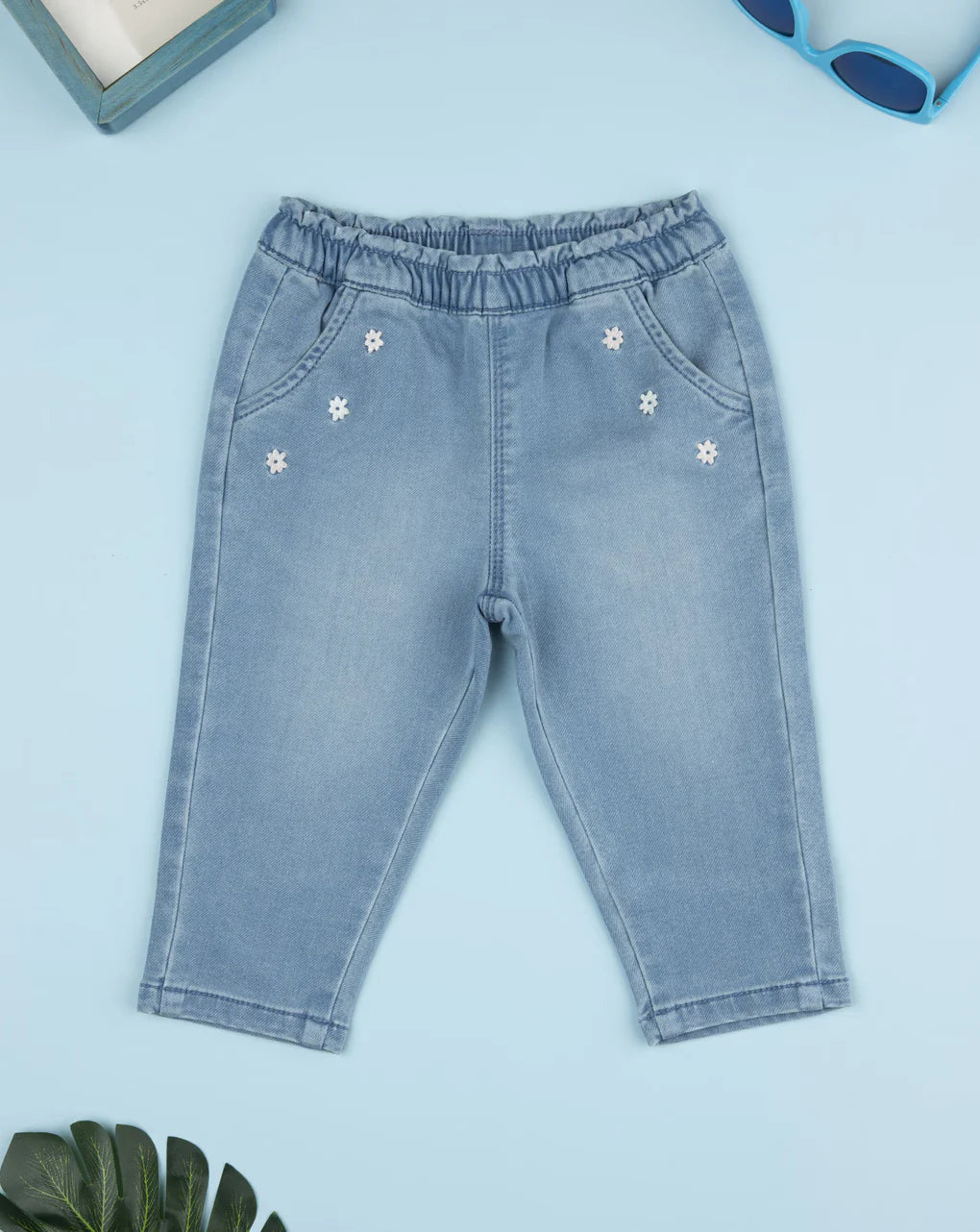Prenatal Girls' light denim trousers with embroidered flowers Pant