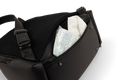 Black caviar-style tote with shoulder strap, open top showing light interior fabric