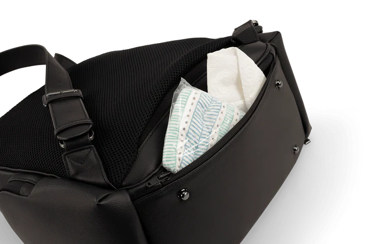 Black caviar-style tote with shoulder strap, open top showing light interior fabric