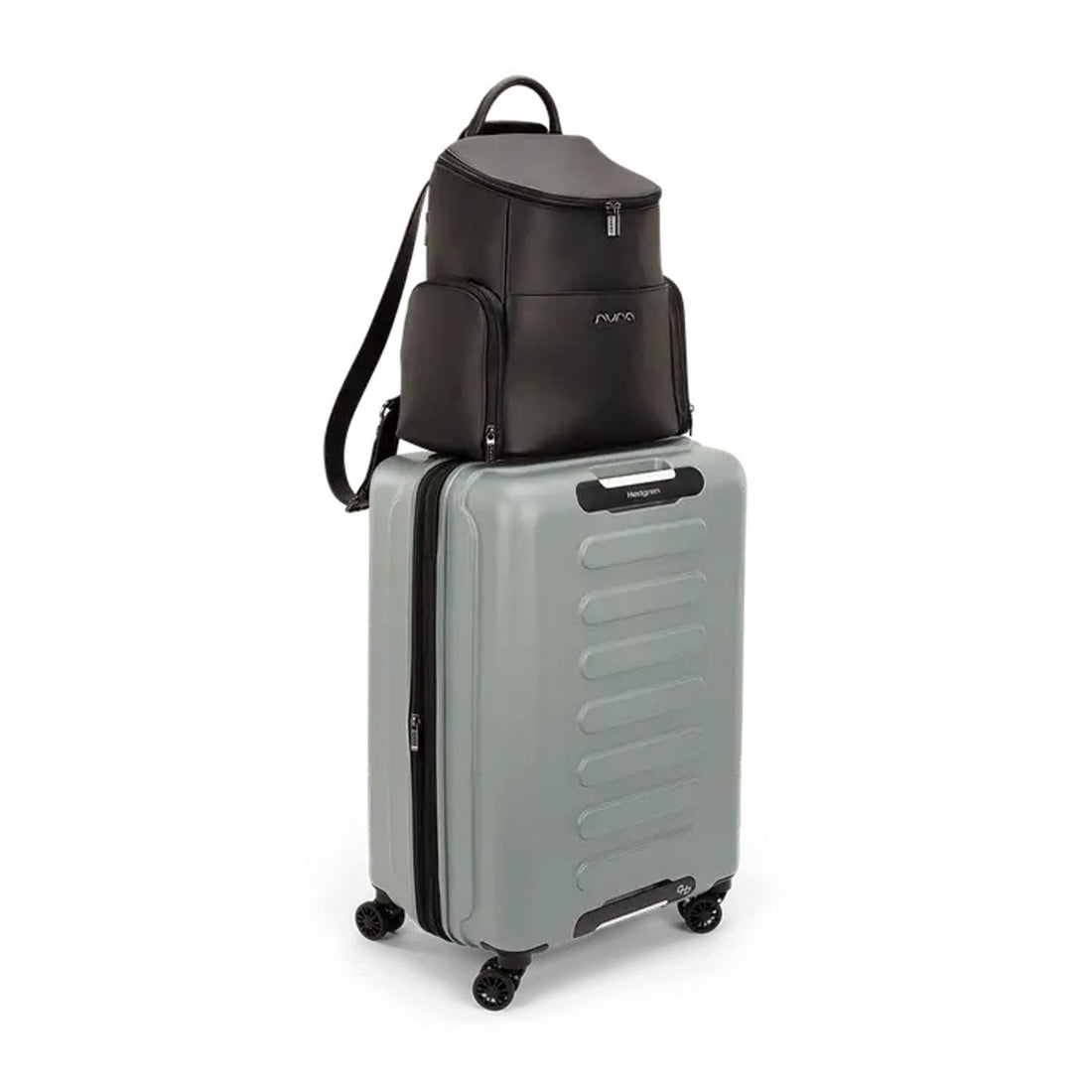 Black caviar-style mini backpack with top handle, front pocket, and shoulder strap