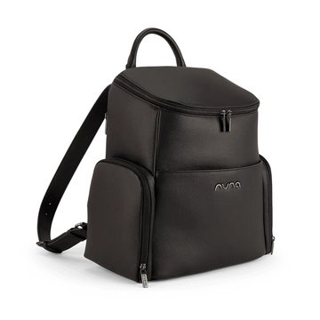 Black caviar-style mini backpack with top handle, front pocket, and shoulder strap