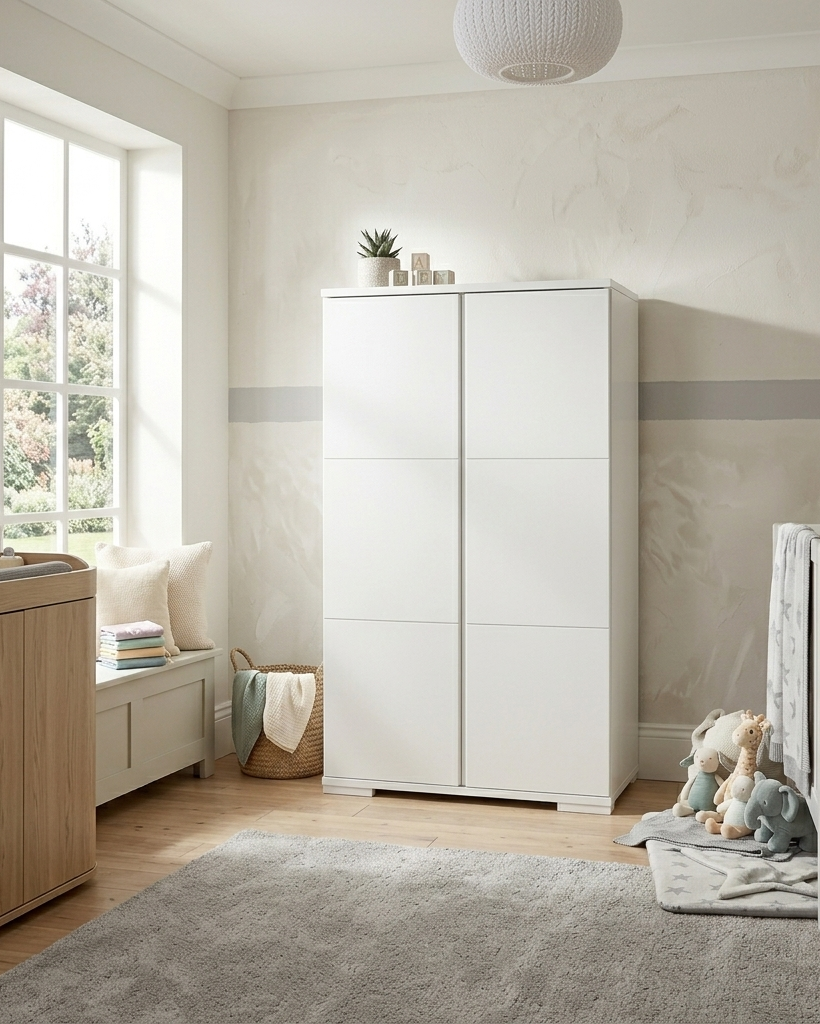Nursery room with white wardrobe, crib, and wooden cabinet.