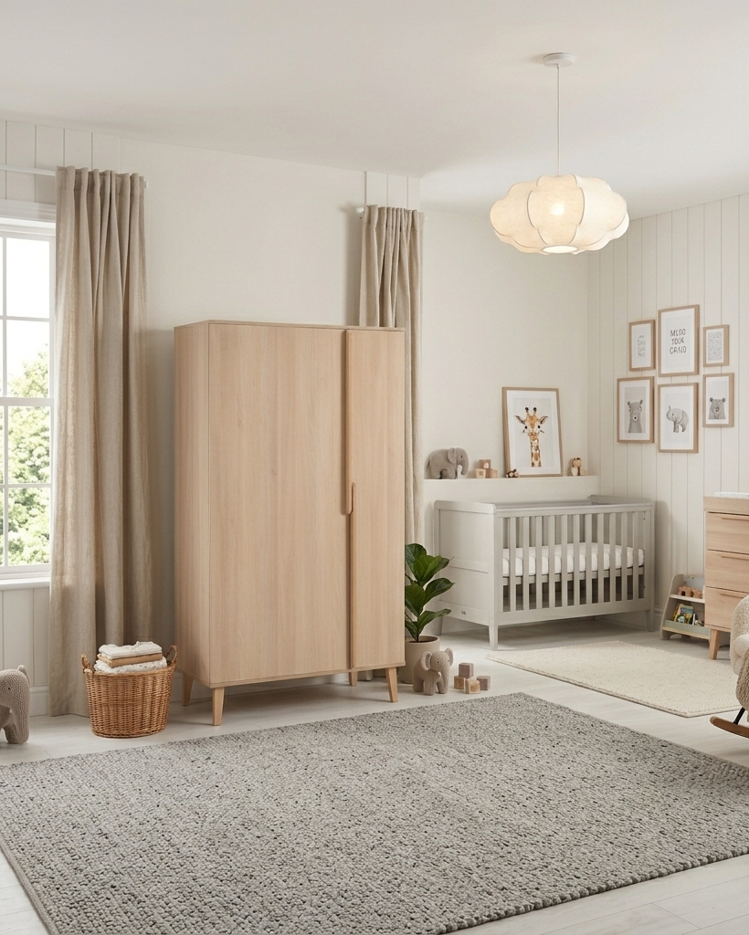 Nursery room with wooden wardrobe, crib, and rocking chair.