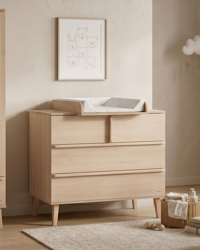 Nursery room with wooden furniture including a wardrobe, dresser, and crib.
