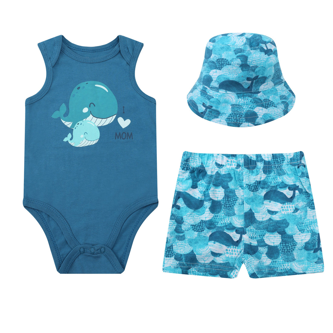 Mother Choice Baby 3 Pieces Bodysuits, Shorts & Sunhat Set Whale