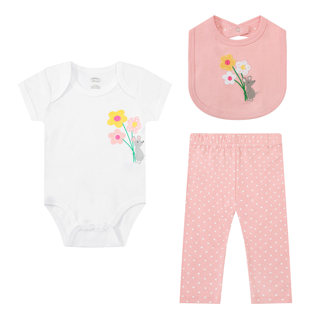 Mother Choice Baby 3 Pieces Set of Bodysuit, Pants & Bib flowers