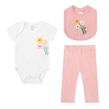 Mother Choice Baby 3 Pieces Set of Bodysuit, Pants & Bib flowers