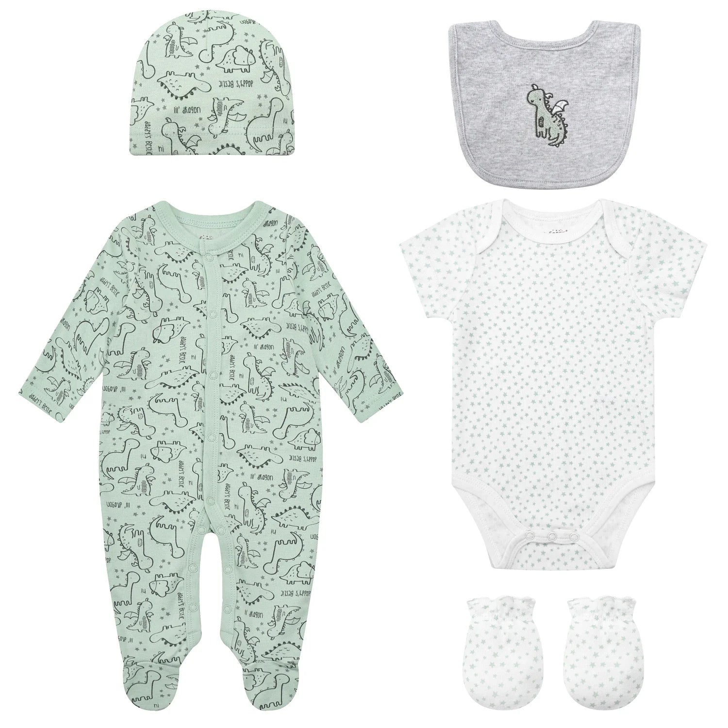 Mother's Choice Dinosaur Baby Set of Grower, Bodysuit, Bib, Hat and Mittens 0-3m Bodysuit