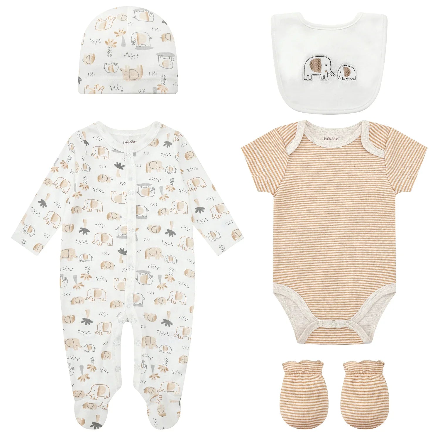 Mother's Choice Elephant Baby Set of Grower, Bodysuit, Bib, Hat and Mittens 0-3m Bodysuit