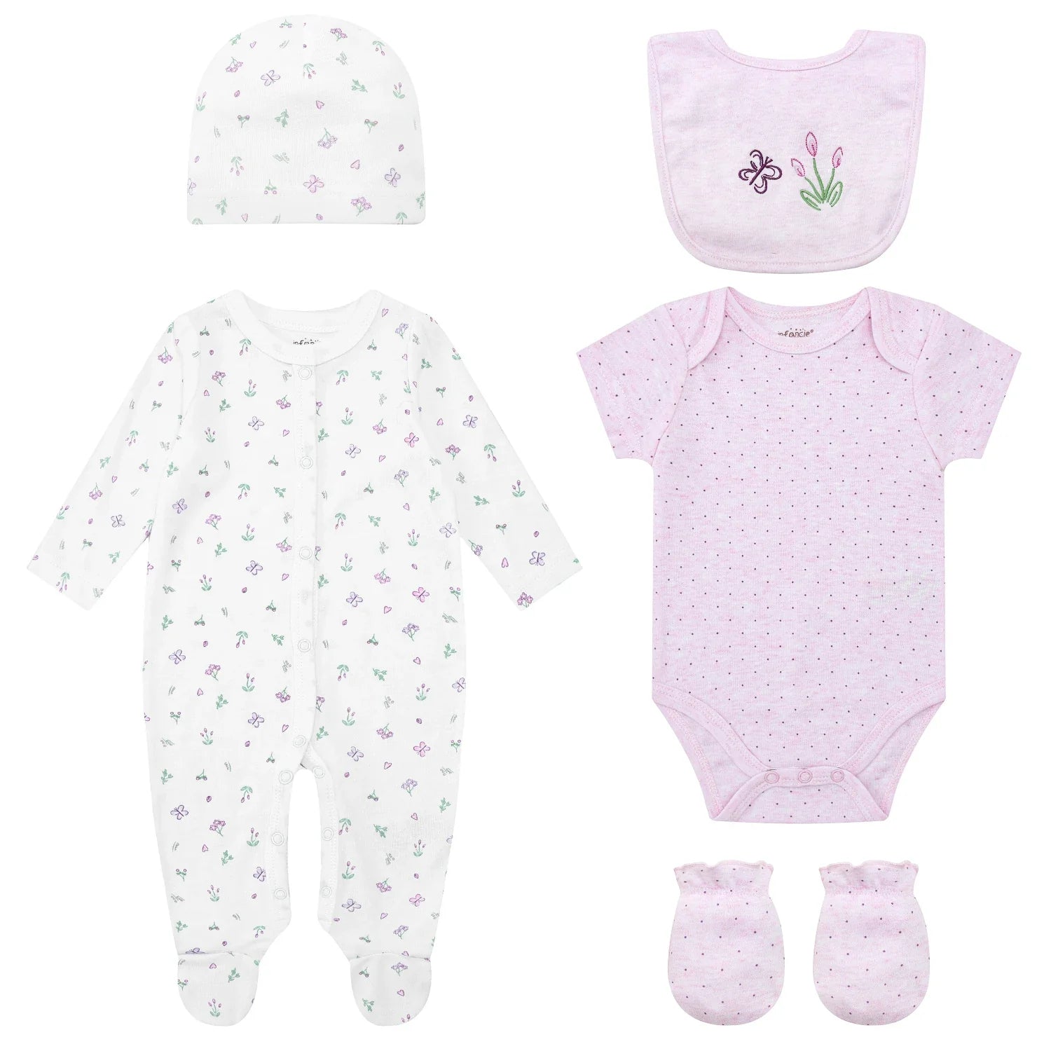 Mother's Choice Butterfly Baby Set of Grower, Bodysuit, Bib, Hat and Mittens 0-3m Bodysuit