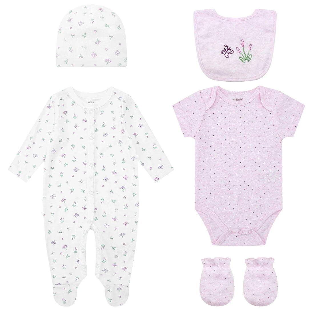 Mother's Choice Butterfly Baby Set of Grower, Bodysuit, Bib, Hat and Mittens 0-3m Bodysuit