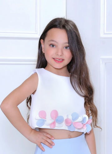 3D Handmade Flowers Top - White