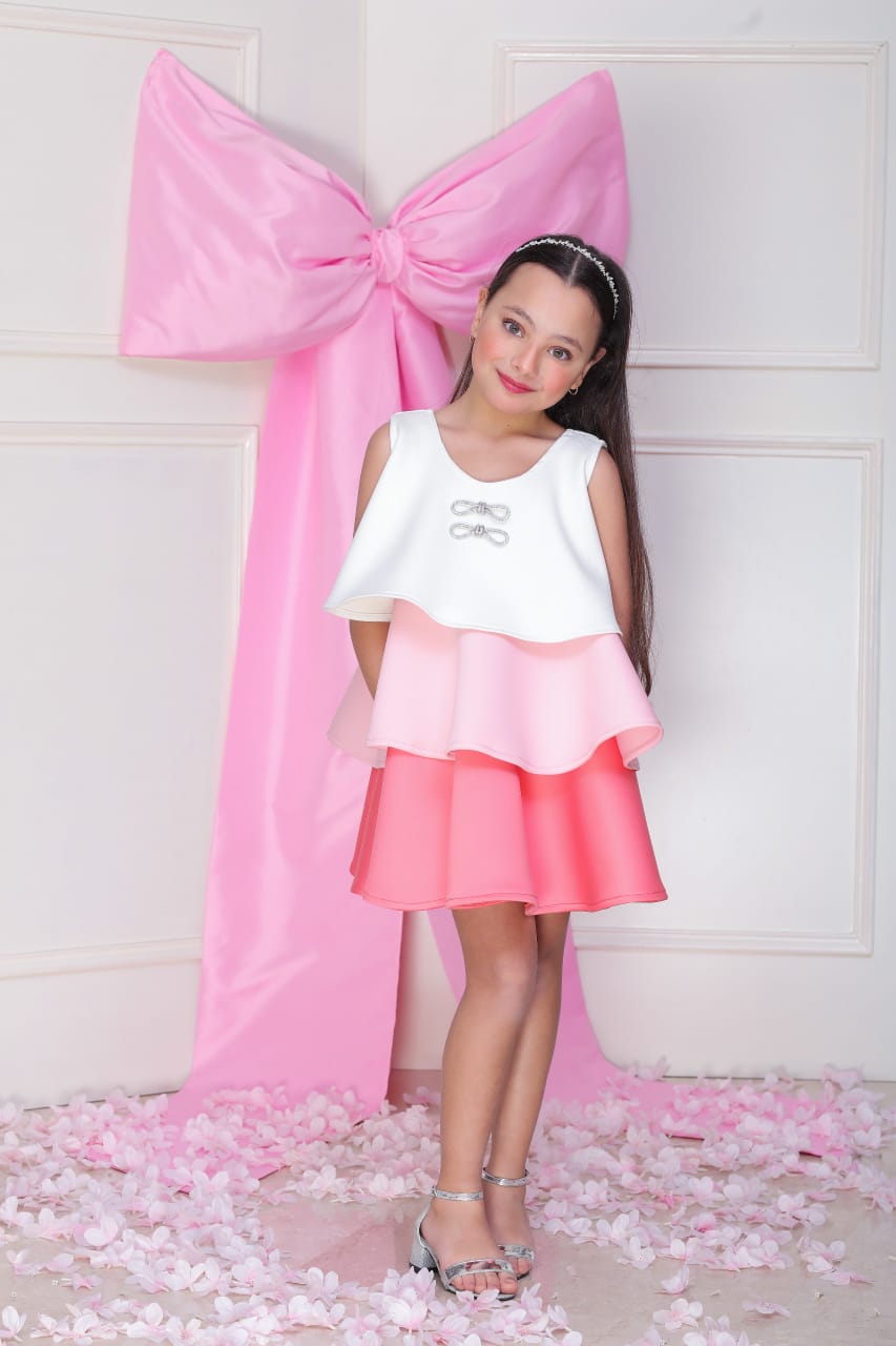 Crystal Bow Dress - White/Pink/Fuchsia