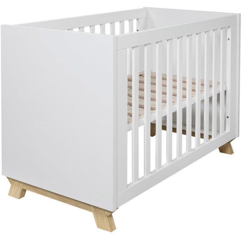 IKID Veneto White and Natural Nordic Baby Crib 120x60cm with adjustable mattress height and drop-side panel