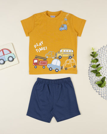 Prenatal Orange/blue two-piece car pajamas for boys