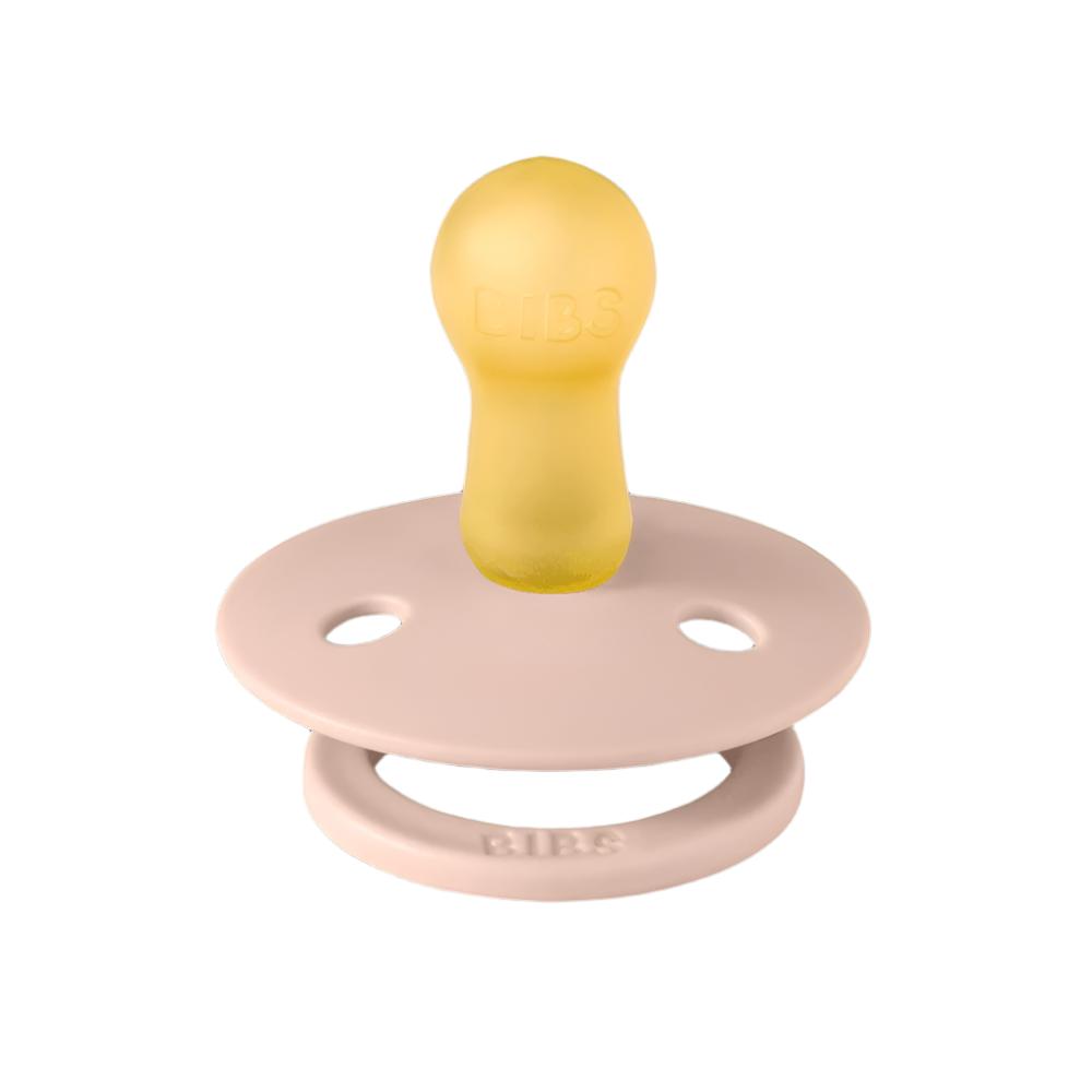 2-pack pacifiers: ivory and blush guards with translucent nipples and BIBS logo