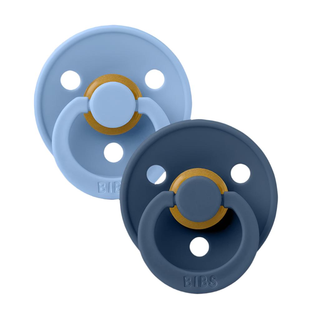 2-pack baby pacifiers in light blue and dark blue with yellow center rings