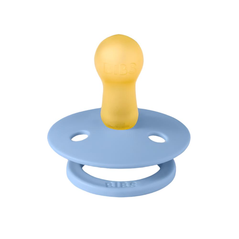 2-pack baby pacifiers in light blue and dark blue with yellow center rings