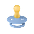 Light blue baby pacifier with yellow nipple and round shield with vent holes