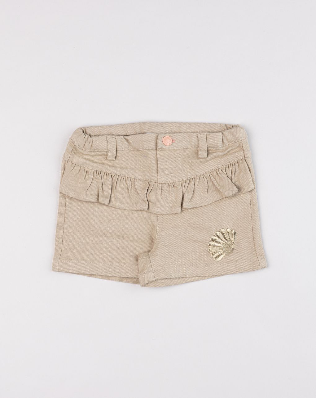 Prenatal Beige denim shorts for girls with ruffle and shell embroidery