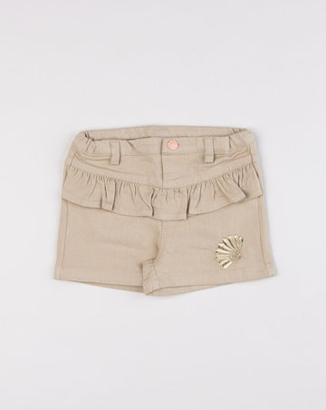 Prenatal Beige denim shorts for girls with ruffle and shell embroidery
