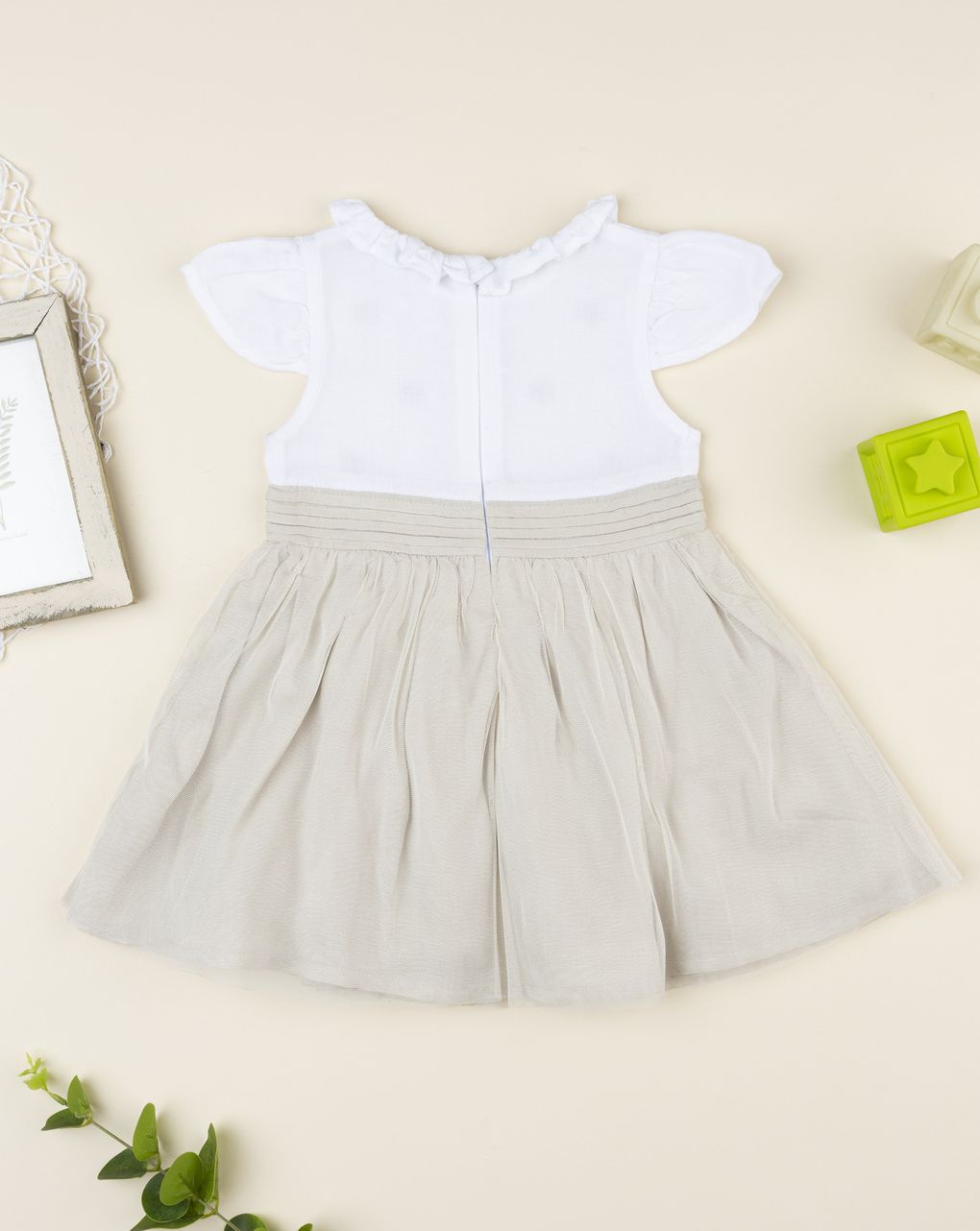 Prenatal Beige linen dress for girls with embroidery