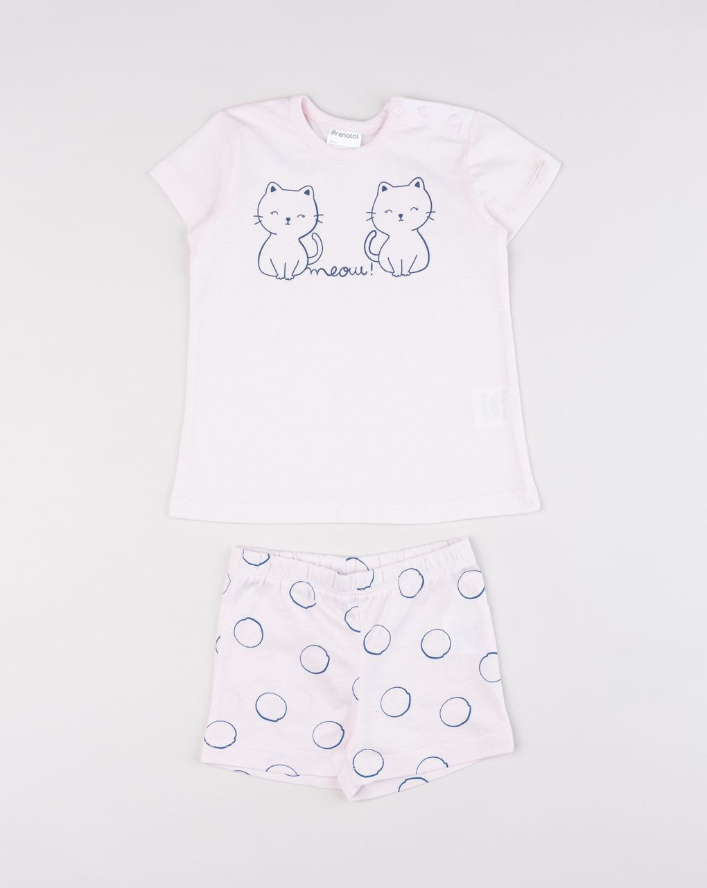 Prenatal Two-piece summer pajamas for girls — t-shirt and “meow” shorts