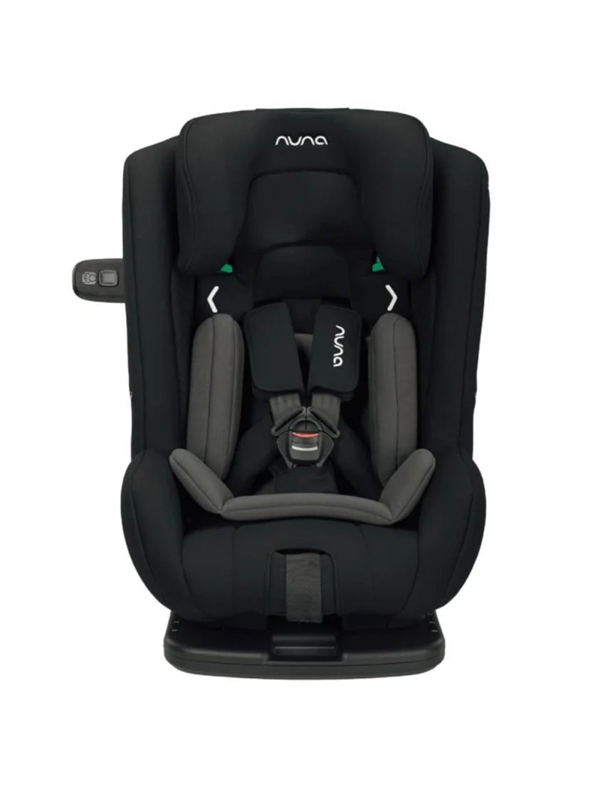Dark child car seat front view with Nuna logo and padded center harness