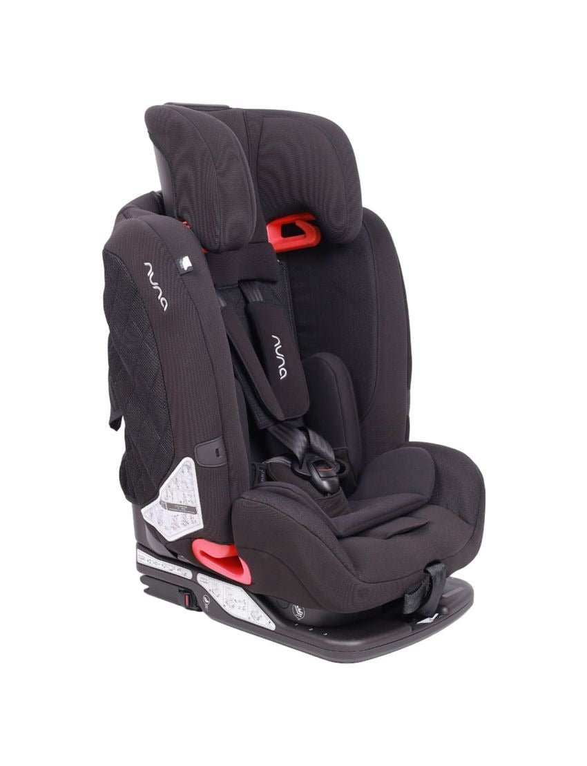 Dark child car seat side view with padded shoulder straps and recline base