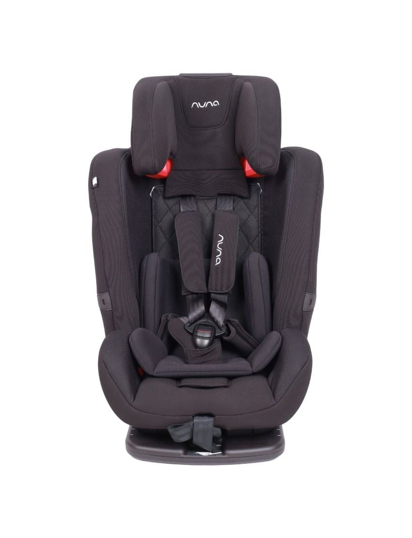 Dark child car seat front view with headrest, armrests, and red buckle pads