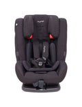 Dark child car seat front view with Nuna logo and padded center harness