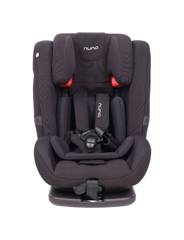 Dark child car seat front view with Nuna logo and padded center harness