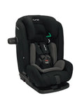 Black child car seat 3/4 view with Nuna logo and green guide marks