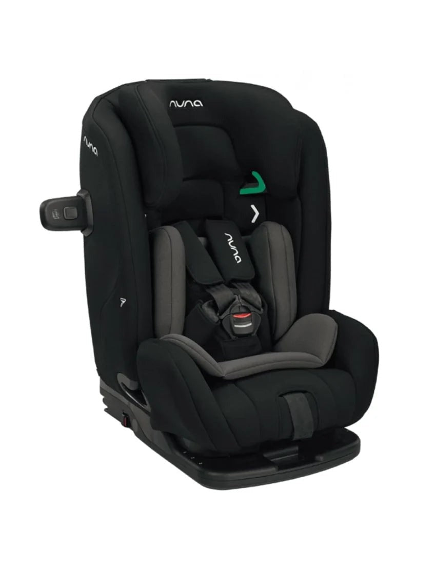 Black child car seat 3/4 view with Nuna logo and green guide marks
