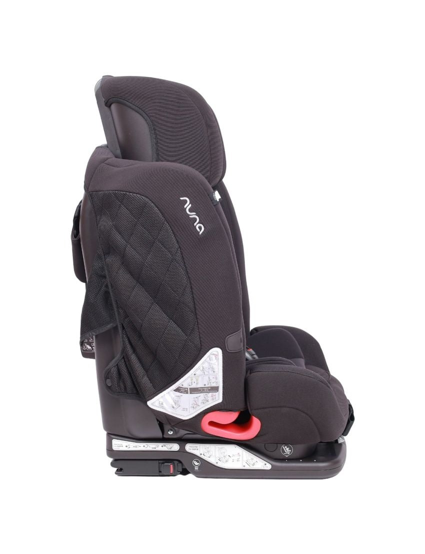 Dark child car seat side view with headrest and red release handle