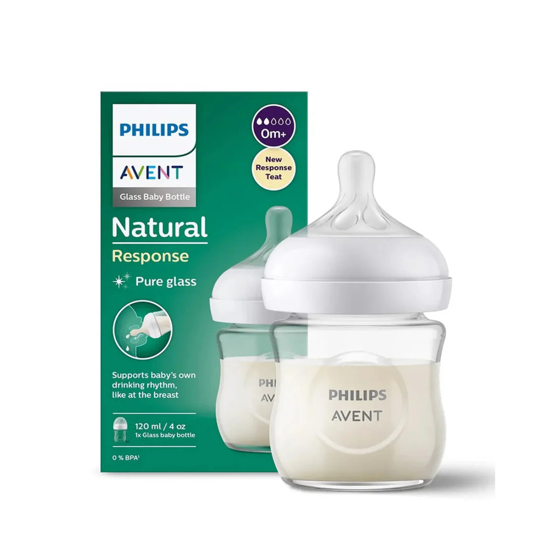 Natural Response Glass Baby Bottle, 0m+ 120ml | Baby Bottle | Avent for Prenatal LB - 6hr